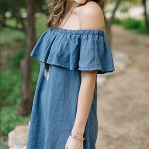 Madewell “Rio” Denim Blend Off-the-Shoulder Dress